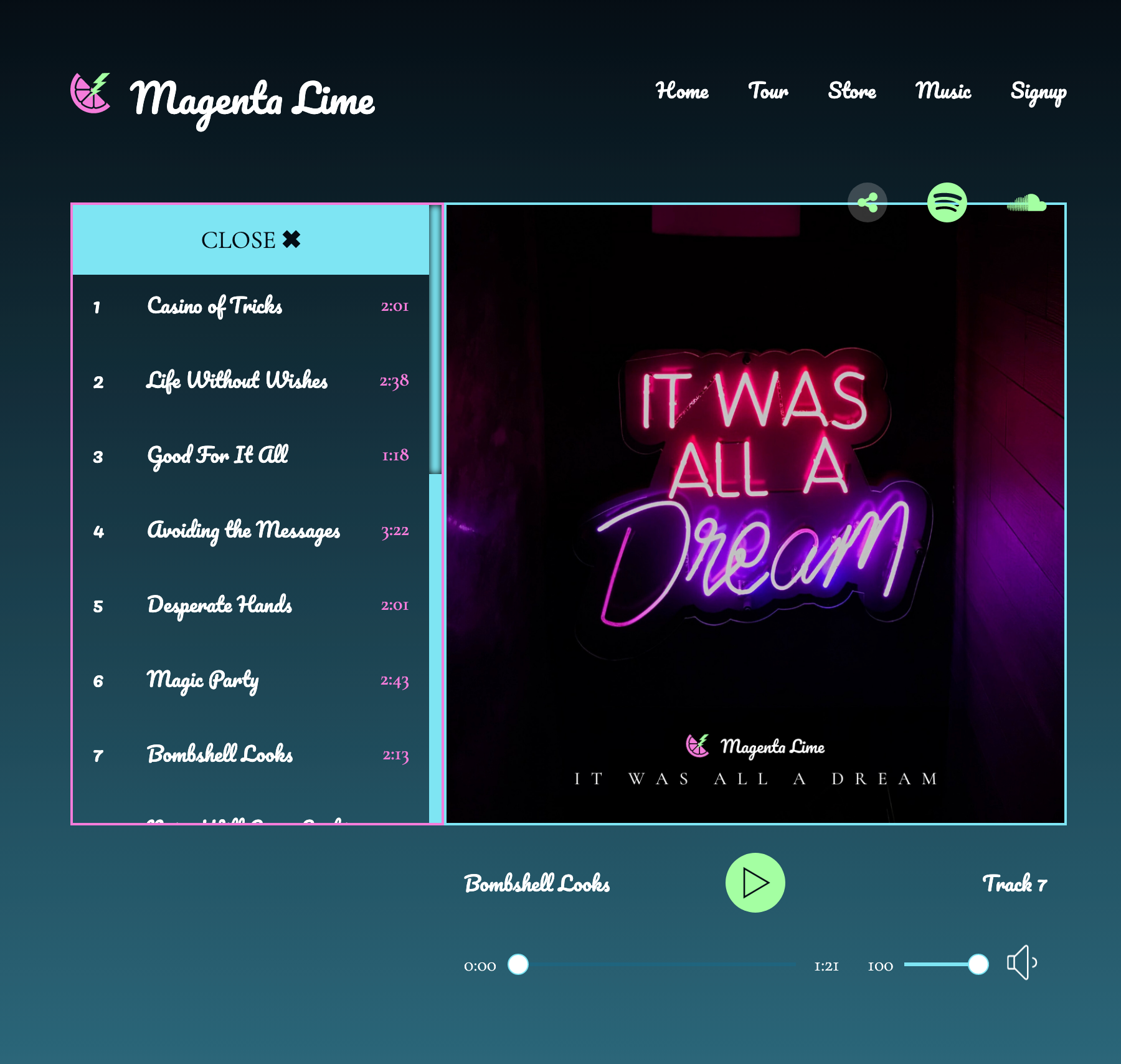 Difficult design, tablet and desktop tracklist open next to the audio player